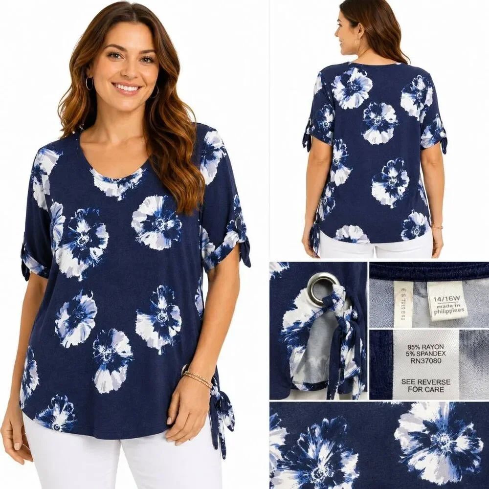 Cato Floral Tie Hem Tunic Top Navy Plus 14/16W